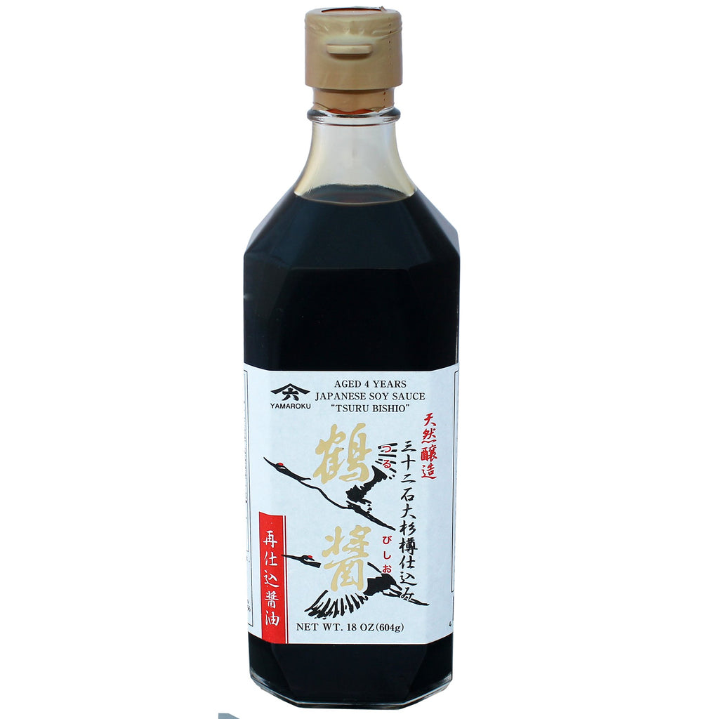 Yamaroku's "Tsuru Bishio" Soy Sauce. Aged 4 Years, Japanese Soy Sauce, Glass Bottle